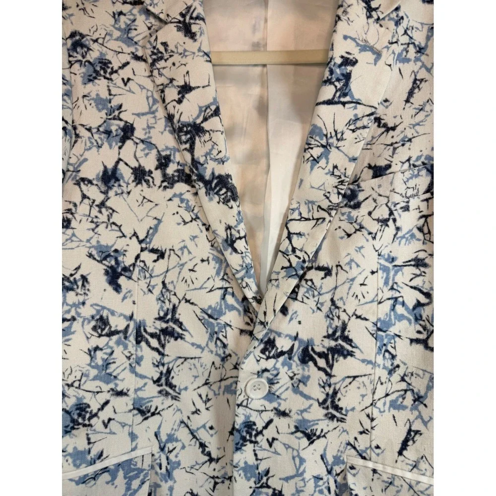 Cielo Mens 36R Blue White Abstract Marble Print Linen Blend Blazer Jacket modern